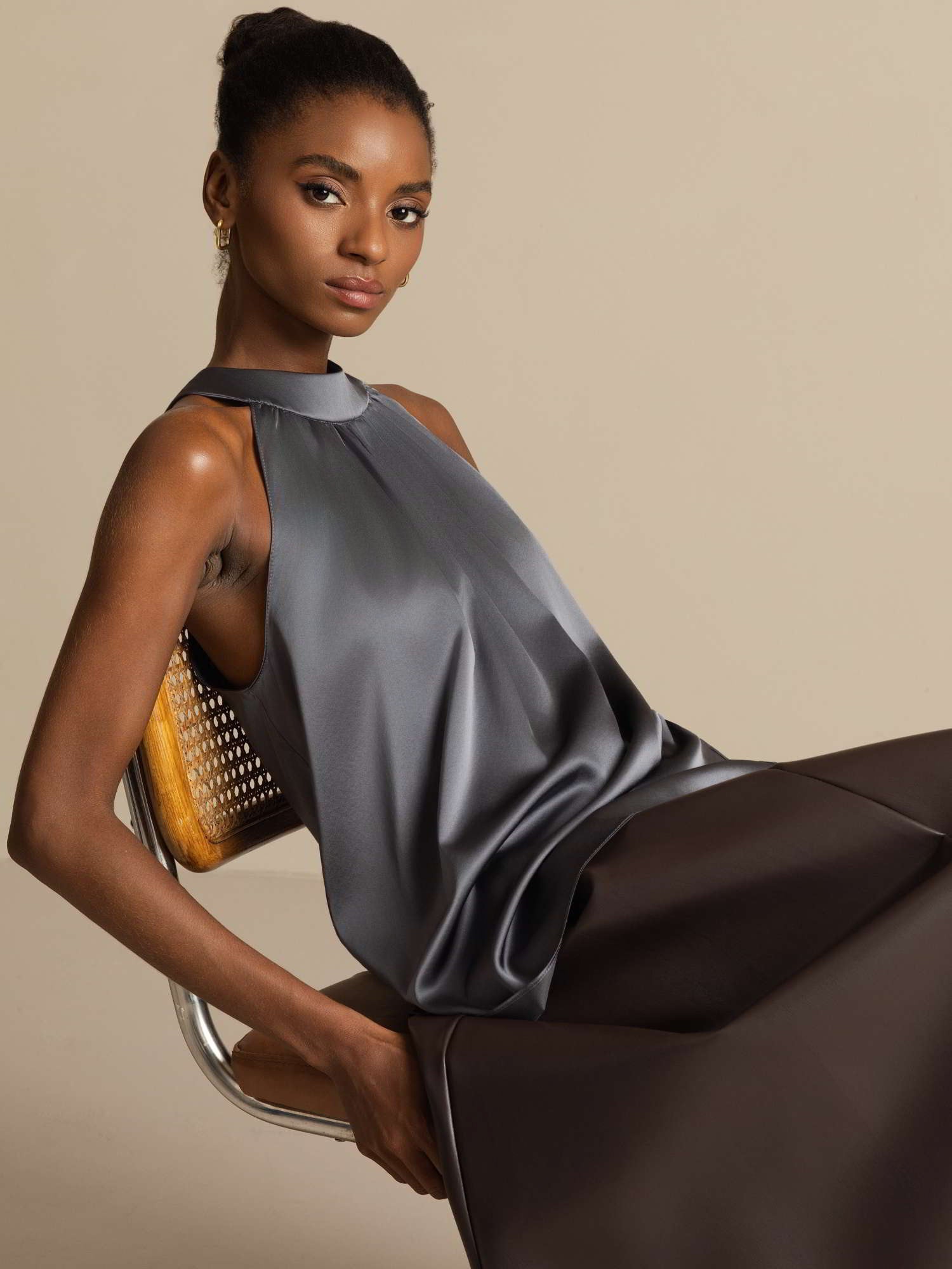 [Mørkegrå] SilkSilky-NO 19Momme Silke Womens T-Shirt 006