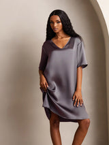 [Lilla Grå] SilkSilky-NO Half Sleeve V Neck Nattkjole 004