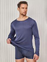 [Mørke blå] SilkSilky-NO Long Sleeve Round Neck T-skjorte for Menn 001