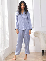 [Stål Blå] SilkSilky-NO Long Sleeve Lapel Collar Pyjamas for Kvinner 005