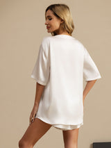 [Hvit] SilkSilky-NO Short Sleeve Round Neck Pyjamas for Kvinner 002