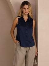 [Mørke blå] SilkSilky-NO Sleeveless Lapel Collar Skjorte for Kvinner 001
