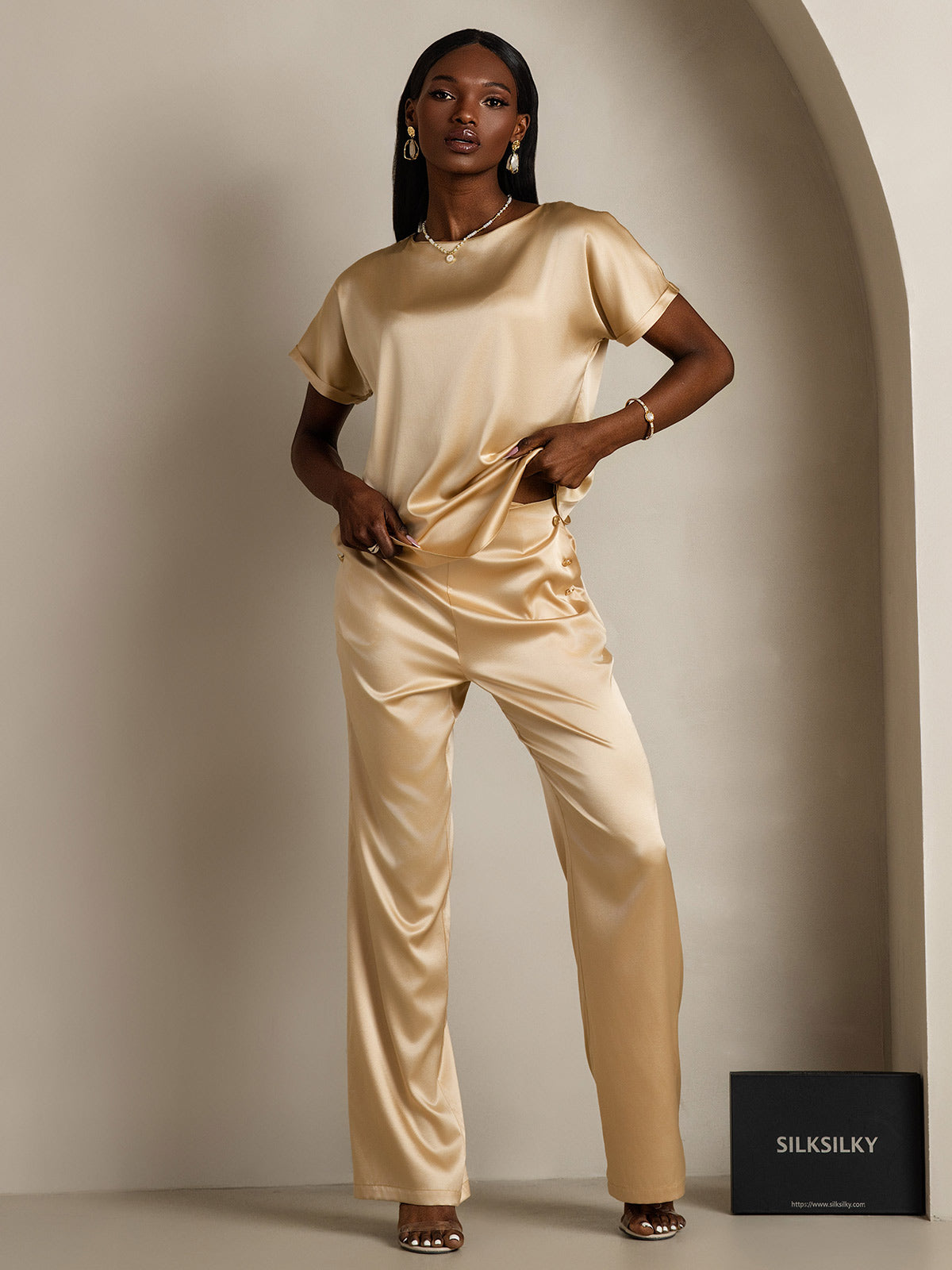 [Champagne] SilkSilky-NO 19Momme Silke Womens T-Shirt 006,