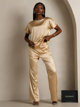 [Champagne] SilkSilky-NO 19Momme Kort erm Båtringning T-skjorte for Kvinner 006