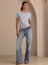 [Gråblå] SilkSilky-NO Short Sleeve V Neck T-skjorte for Kvinner 007