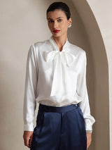 [Hvit] SilkSilky-NO Long Sleeve Tie Neck Damebluser 001