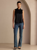 [Svart] SilkSilky-NO Sleeveless Lapel Collar Skjorte for Kvinner 006