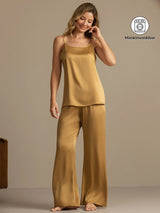[Tan] SilkSilky-NO 19Momme Spaghetti Stropp Dyp Rund Halsutringning Camisole sett 001