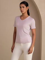 [Lavendel] SilkSilky-NO Short Sleeve V Neck T-skjorte for Kvinner 003