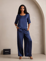 [Mørke blå] SilkSilky-NO Halv erme Round Neck Pyjamas for Kvinner 001
