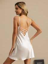[Hvit] SilkSilky-NO Spaghetti Strap V Neck Nattkjole 002