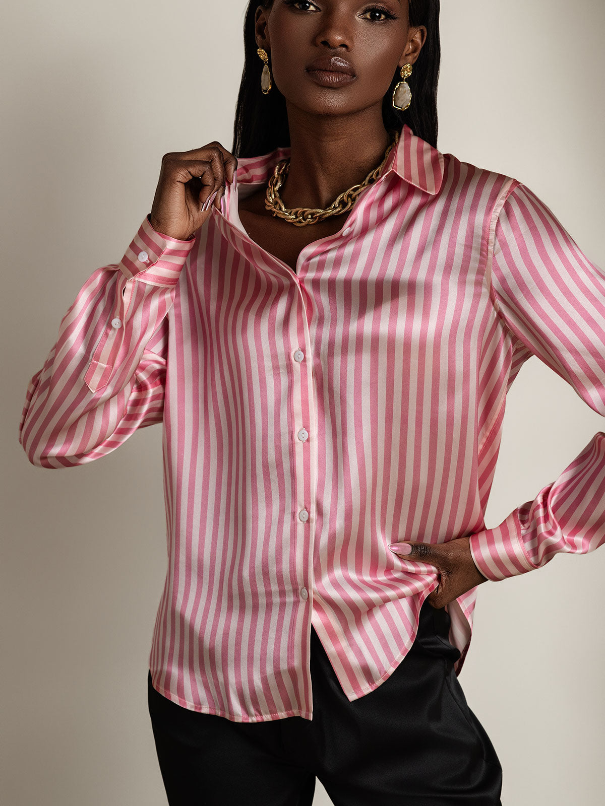 [Rosa Stripe] SilkSilky-NO 19Momme Langermet Slagkrage Skjorte for Kvinner 003