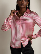 [Rosa Stripe] SilkSilky-NO Long Sleeve Lapel Collar Skjorte for Kvinner 003