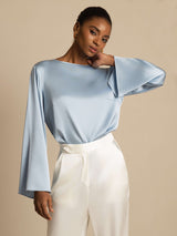 [Gråblå] SilkSilky-NO Long Sleeve Boat Neck Bluse 001