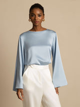 [Gråblå] SilkSilky-NO Long Sleeve Boat Neck Bluse 006