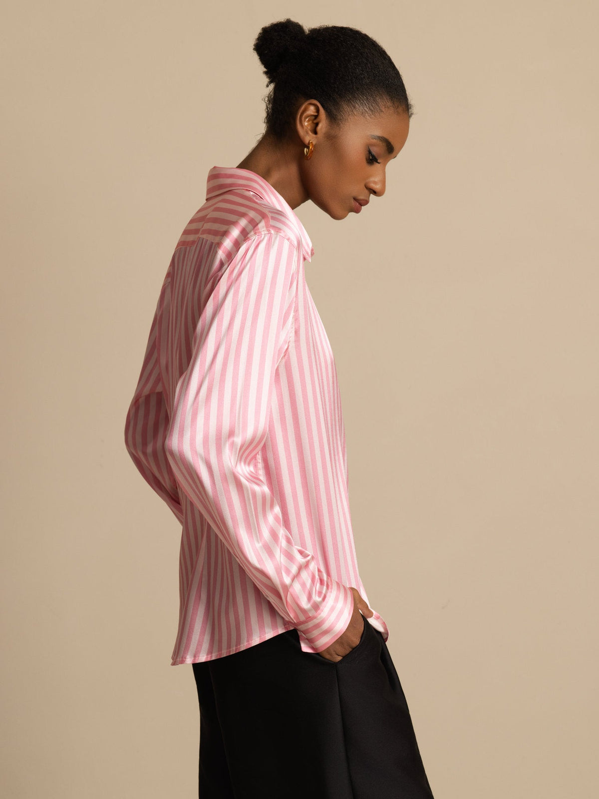 [Rosa Stripe] SilkSilky-NO Long Sleeve Lapel Collar Skjorte for Kvinner 002