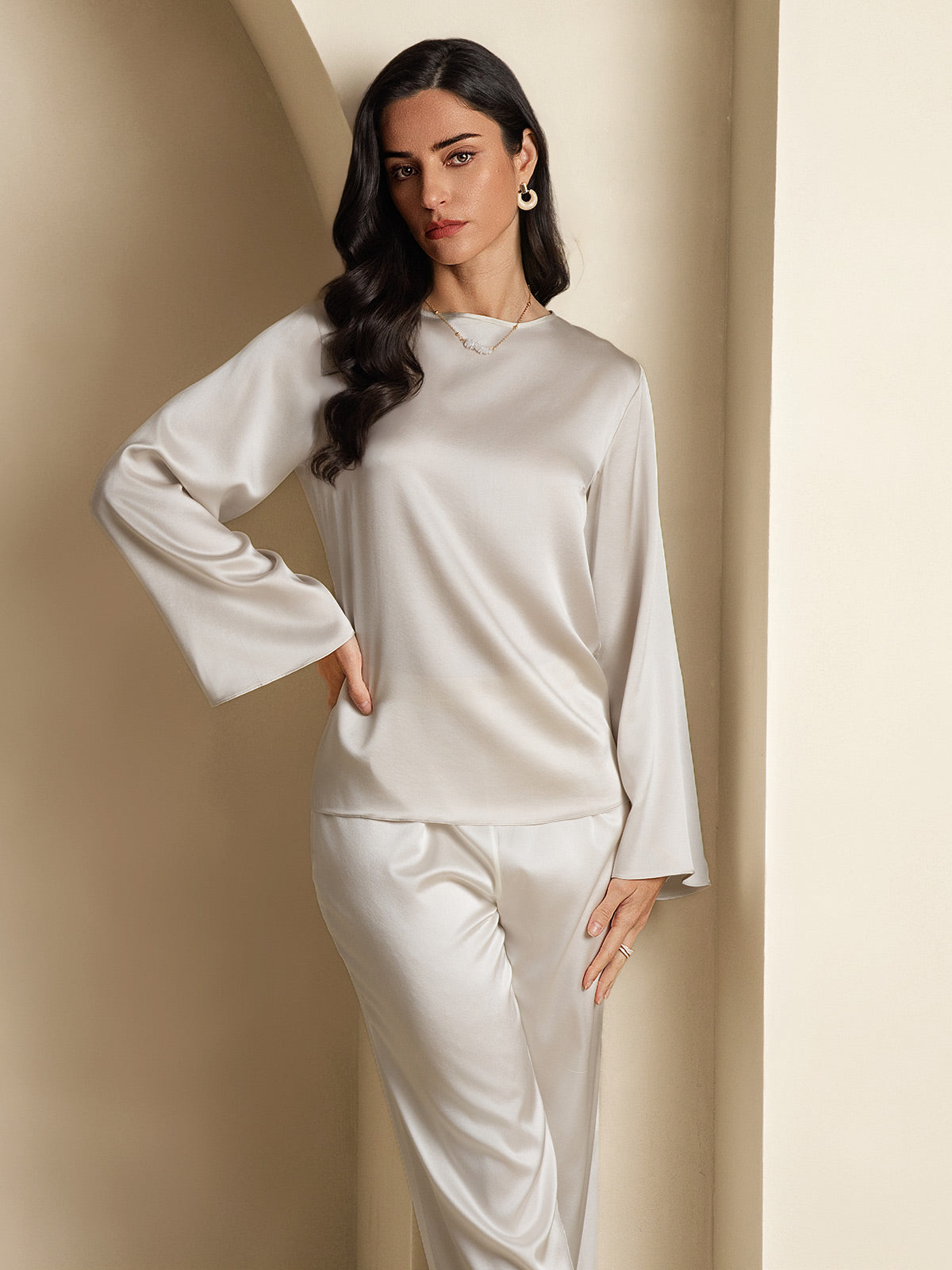 [Lysegrå] SilkSilky-NO 19Momme Silke Womens T-Shirt 004,