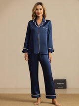 [Mørke blå] SilkSilky-NO Long Sleeve Lapel Collar Pyjamas for Kvinner 001