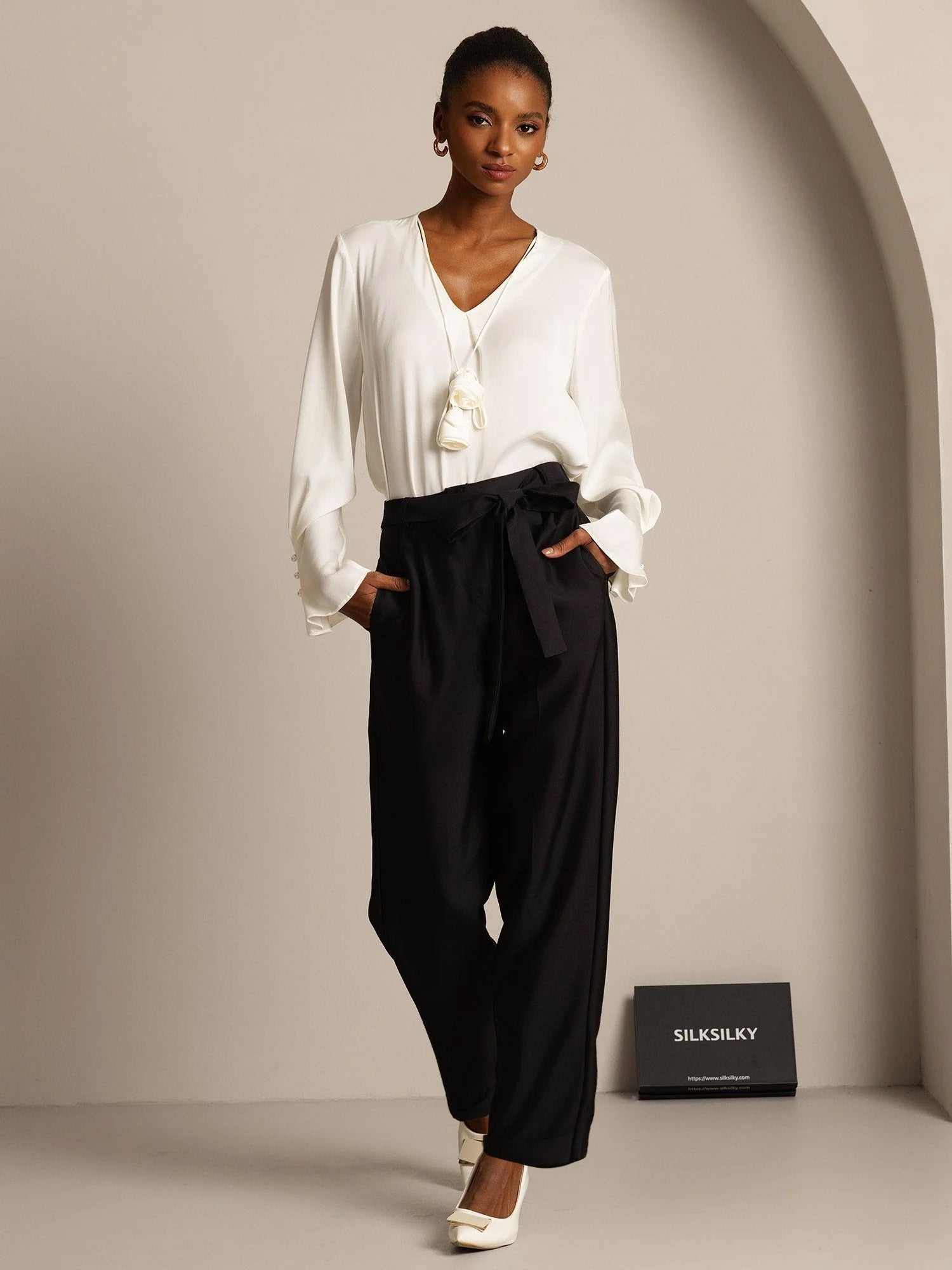 [Svart] SilkSilky-NO 32Momme Silke Womens Pants 003