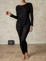 [Svart] SilkSilky-NO Long Sleeve Round Neck Dame Langt Undertøy 003
