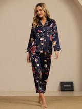 [Marine Blomster] SilkSilky-NO Long Sleeve Lapel Collar Pyjamas for Kvinner 004