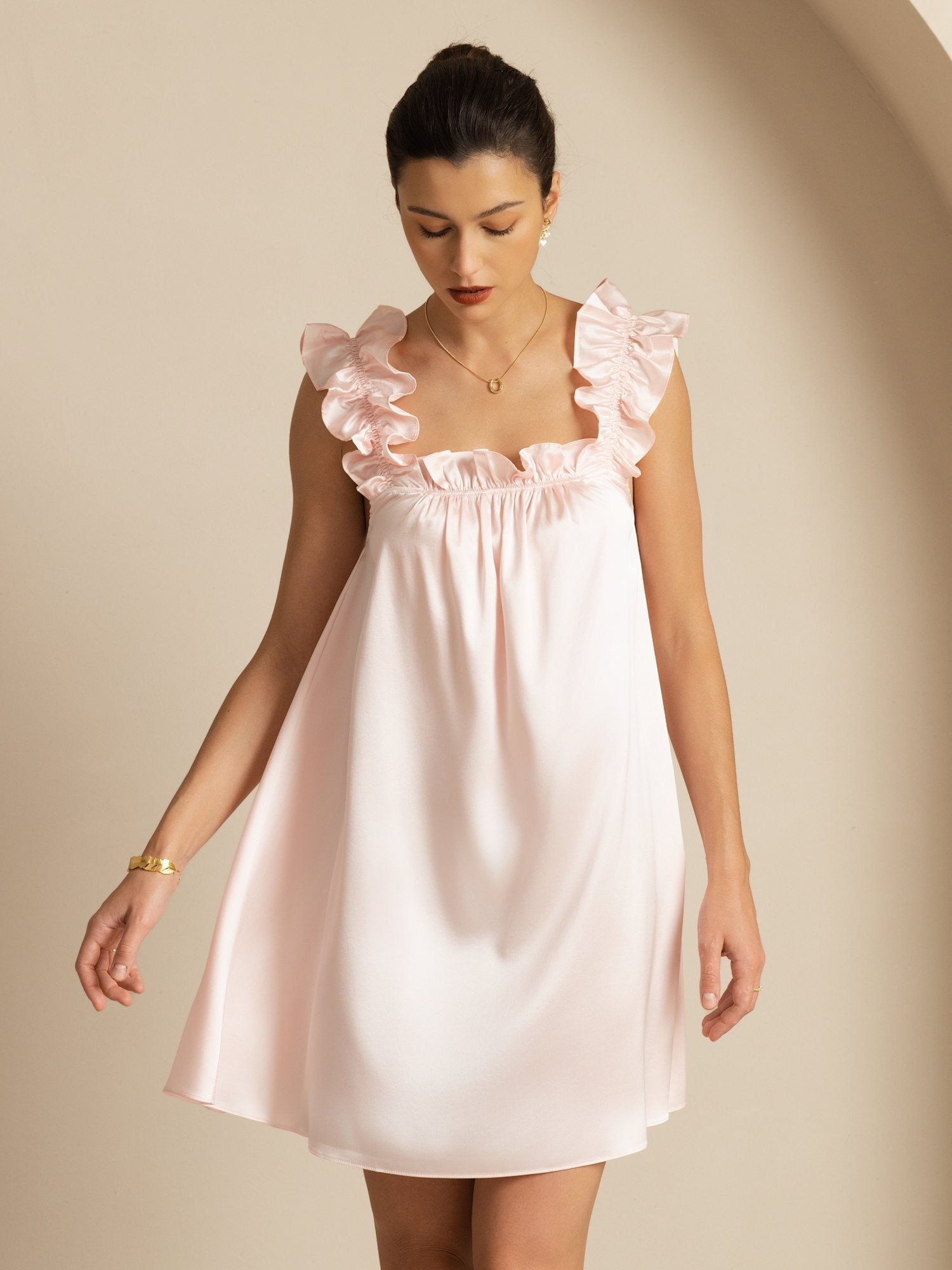 [Rosa] SilkSilky-NO Sleeveless Square Neck Nattkjole 001