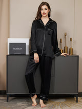 [Svart] SilkSilky-NO Long Sleeve Lapel Collar Pyjamas for Kvinner 005