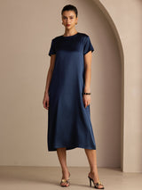[Mørke blå] SilkSilky-NO Short Sleeve Round Neck Kjole 001
