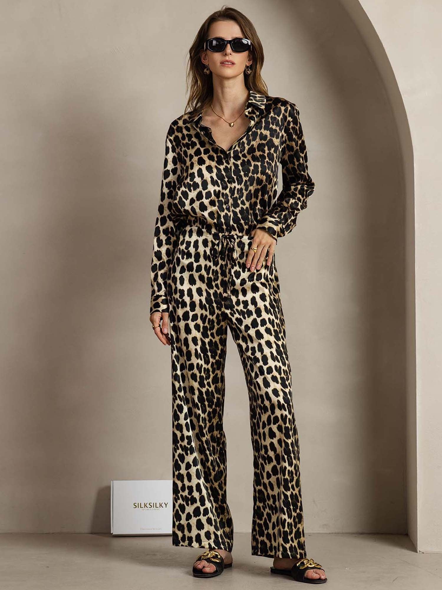 [Leopard] SilkSilky-NO 19Momme Silke Lapel Collar Women''s Outfit Sets 001