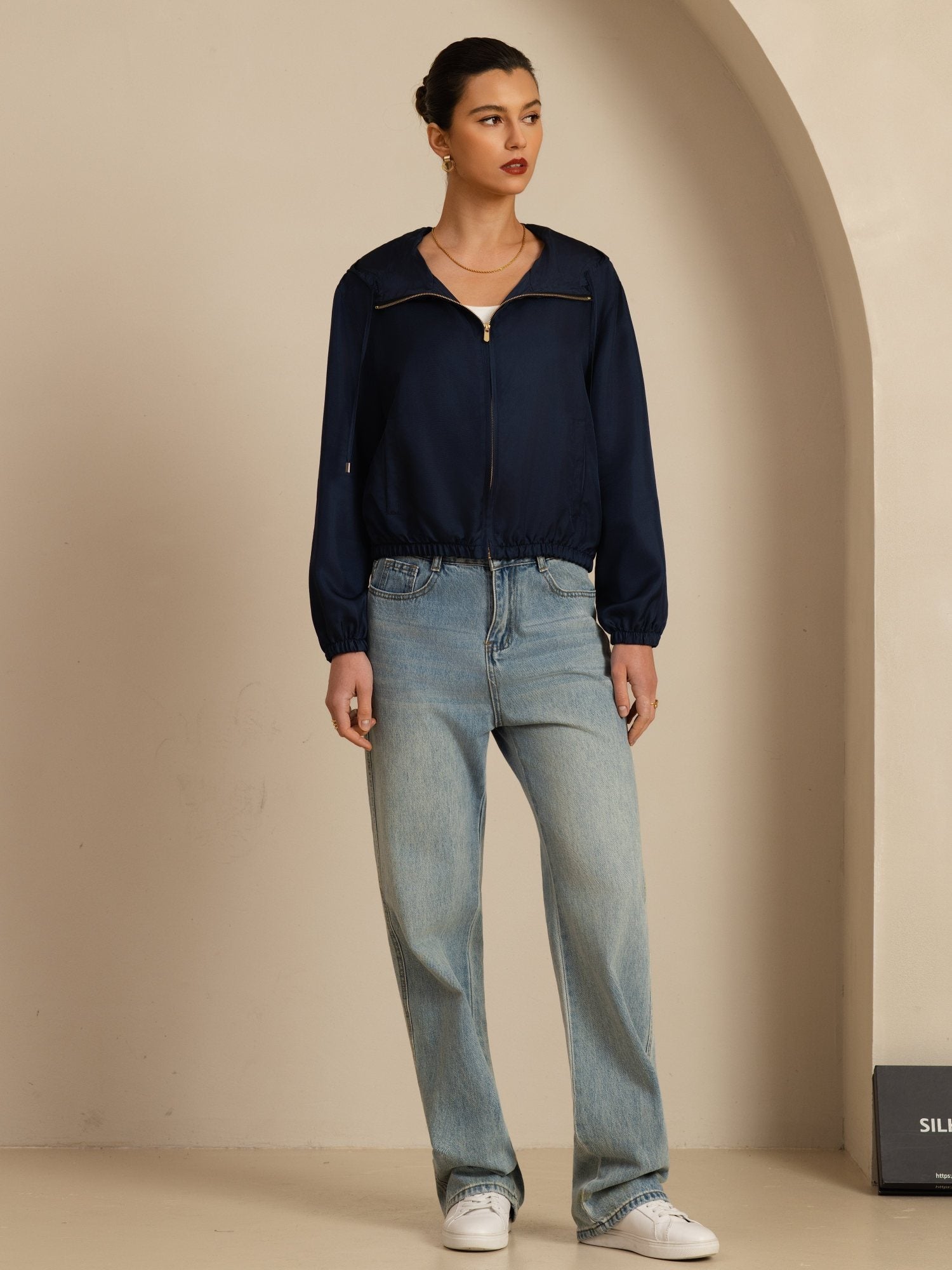 [Mørkeblå] SilkSilky-NO 18Momme Langermet Ståkrave Yttertøy for Kvinner 006