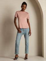 [Rosa] SilkSilky-NO 100% Silk Jersey Short Sleeve Falsk Krage T-skjorte for Kvinner 007