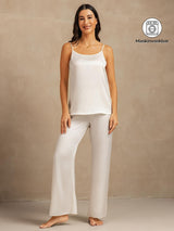 [Hvit] SilkSilky-NO 19Momme Spaghetti Stropp Dyp Rund Halsutringning Camisole sett 001