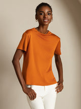 [Oransje] SilkSilky-NO 100% Silk Jersey Short Sleeve Falsk Krage T-skjorte for Kvinner 006