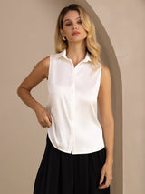 [Hvit] SilkSilky-NO Sleeveless Lapel Collar Skjorte for Kvinner 003