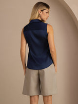 [Mørke blå] SilkSilky-NO Sleeveless Lapel Collar Skjorte for Kvinner 002