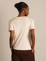 [Beige] SilkSilky-NO Kort erm Rund Hals T-skjorte for Kvinner 002