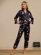 [Marine Blomster] SilkSilky-NO Long Sleeve Lapel Collar Pyjamas for Kvinner 003