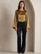 [Brun] SilkSilky-NO Long Sleeve Boat Neck Bluse 004