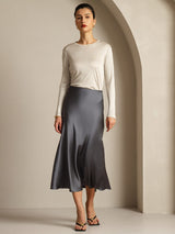 [Grå] SilkSilky-NO Long Sleeve Crew Neck T-skjorte for Kvinner 015
