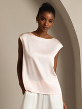 [Rosa] SilkSilky-NO Cap Sleeve Round Neck T-skjorte for Kvinner 001