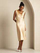 [Champagne] SilkSilky-NO Sleeveless Cowl Neck Kjole 006