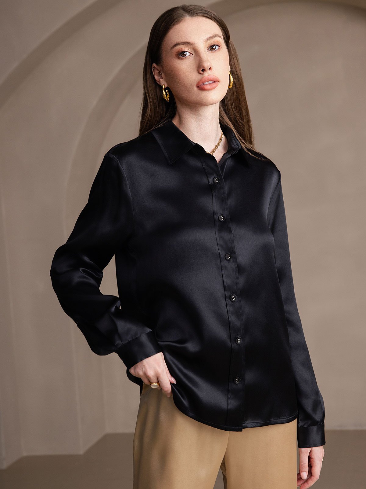 SilkSilky-NO 19Momme Silke Womens Shirt Svart 003