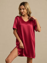 [Mørkerød] SilkSilky-NO Half Sleeve V Neck Nattkjole 004