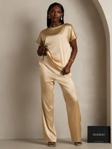[Champagne] SilkSilky-NO 19Momme Kort erm Båtringning T-skjorte for Kvinner 005