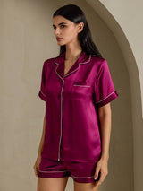 [Fuchsia] SilkSilky-NO Short Sleeve Lapel Collar Pyjamas for Kvinner 007