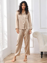 [Sjampanjegull] SilkSilky-NO Long Sleeve Lapel Collar Pyjamas for Kvinner 003