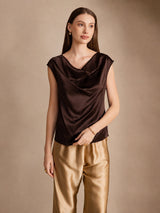 [Mørk Sjokolade] SilkSilky-NO Cap Sleeve Cowl Neck T-skjorte for Kvinner 001