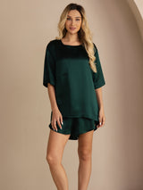 [Mørk Grønn] SilkSilky-NO Short Sleeve Round Neck Pyjamas for Kvinner 003