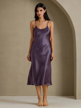 [Lilla Grå] SilkSilky-NO Spaghetti Strap V Neck Kjole 003