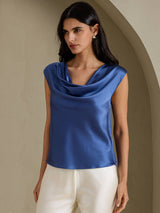 [Ekte Petrol] SilkSilky-NO Cap Sleeve Cowl Neck T-skjorte for Kvinner 005
